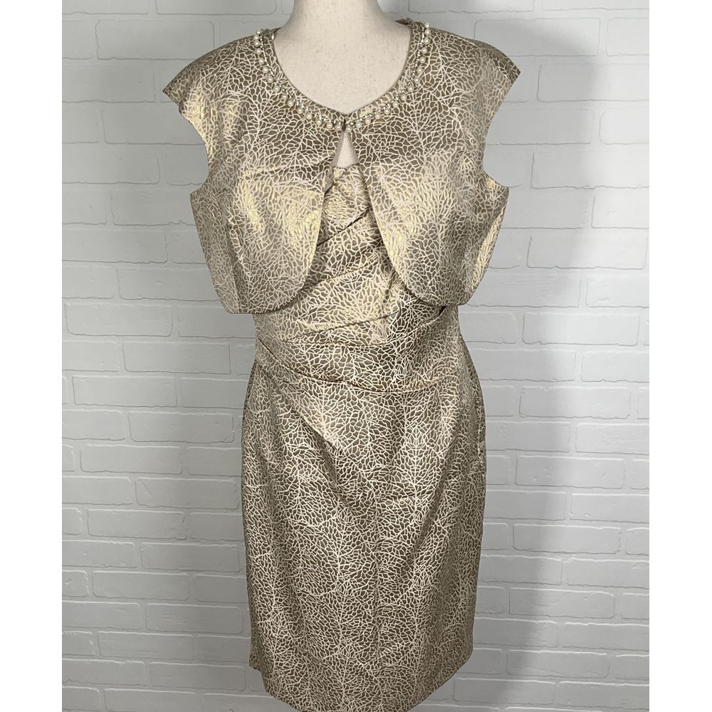 KM Collections Milla Bell Dress Vest‎ Women 10 Metallic Gold Ivory Formal Party